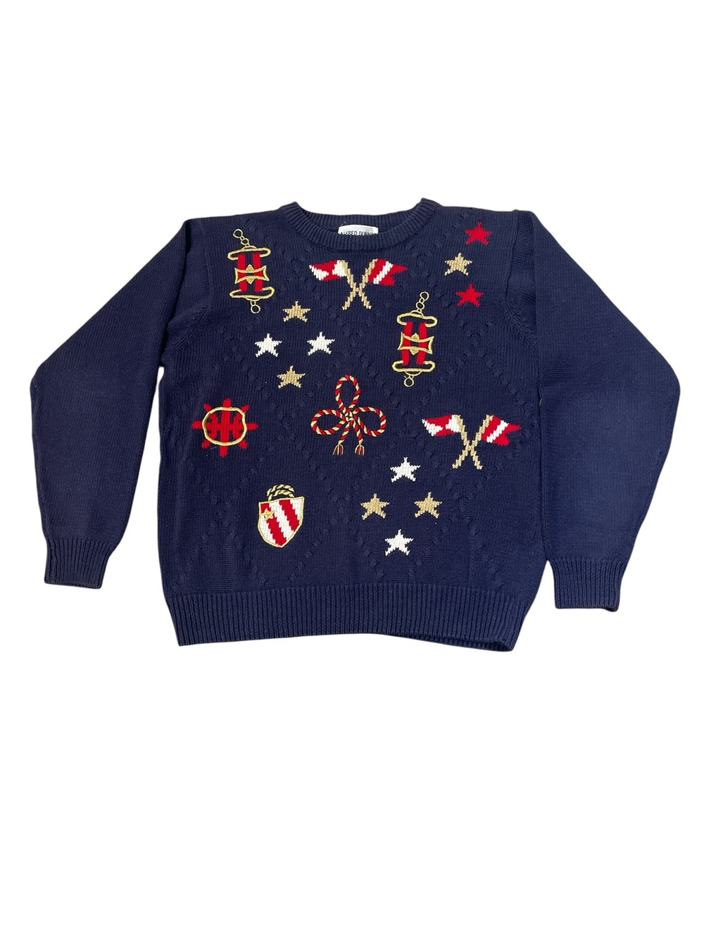 Vintage Alfred Dunner Navy Embroidered Nautical Stars & Flags Crewneck Sweater